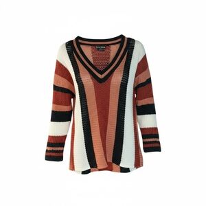 Tendzi Trends Rust, Cream & Black Striped V-Neck Sweater